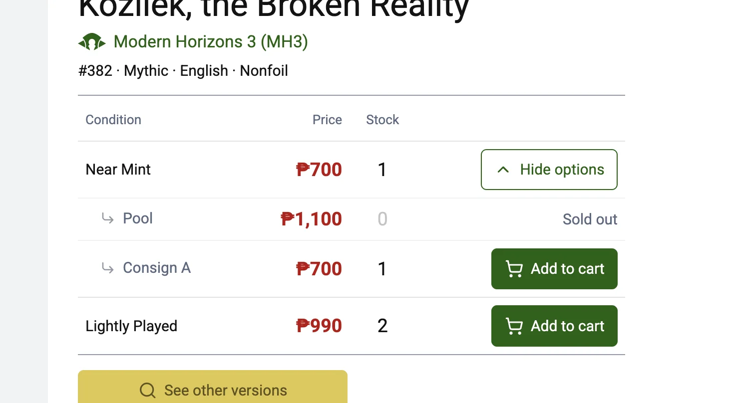Product page showing a pooled listing alongside a dedicated consignment listing at a different price